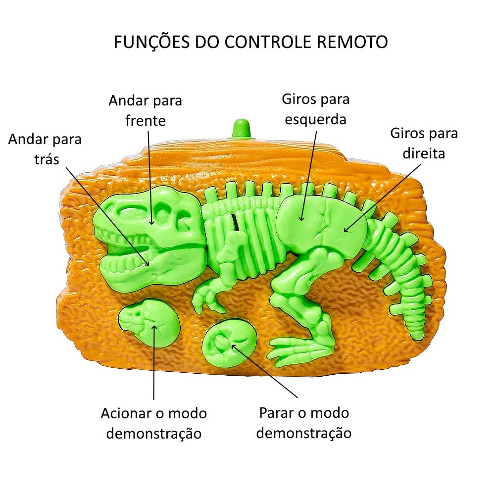 Carro de Controle Maluco Recarregável com Luz T-Rex Infantil Controle Remoto Altas Aventuras